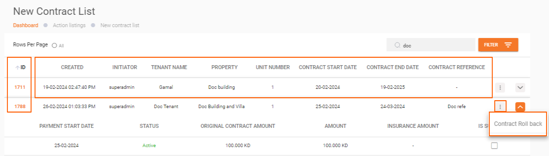 Contract rollback action