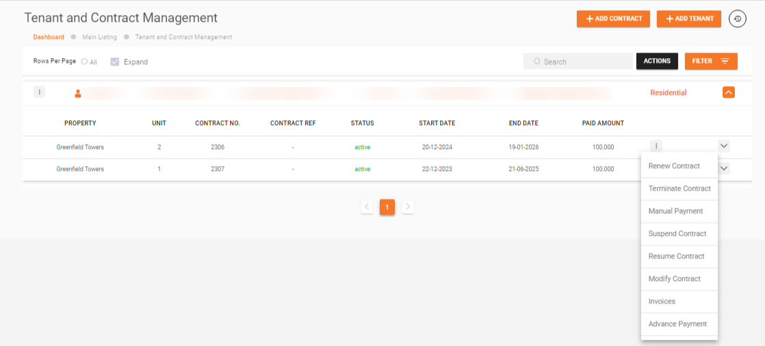 Contract action menu
