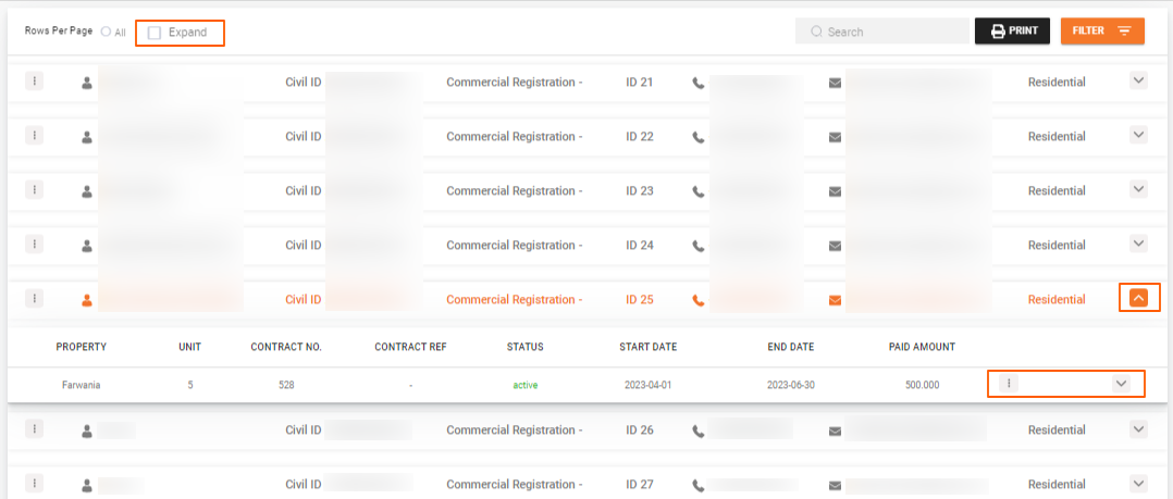 Collapsed view of tenants