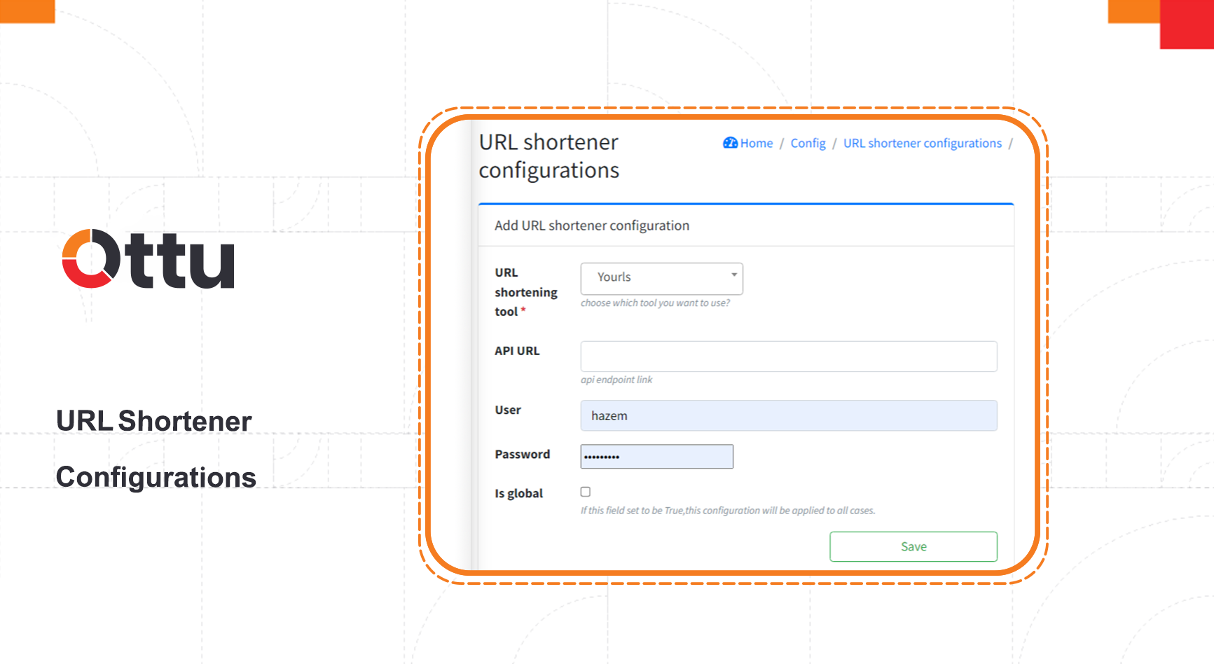 URL Shortener Configuration form