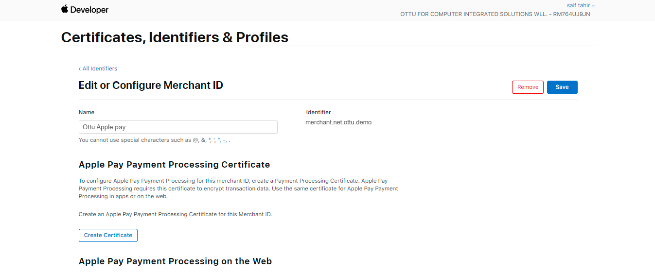 Certificates, IDs & Profiles section in Apple Developer