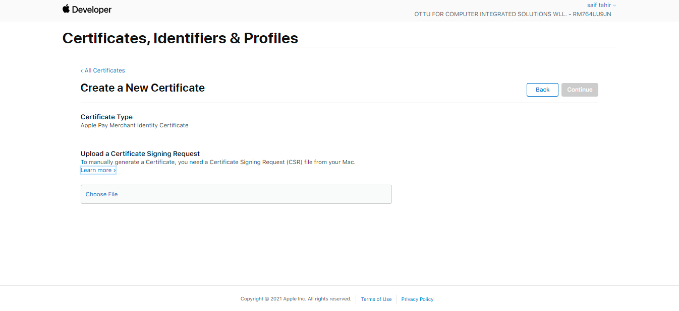Upload CSR file to Apple Developer portal