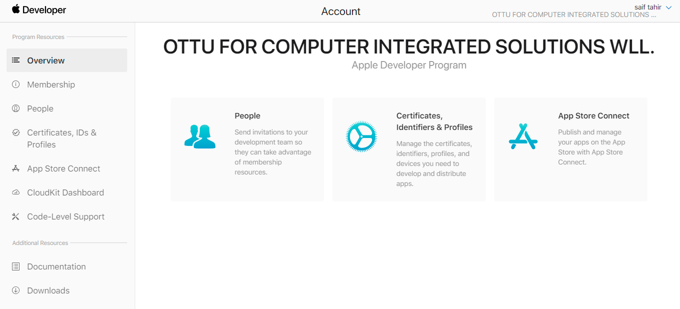 Apple Developer account — Certificates, IDs & Profiles section
