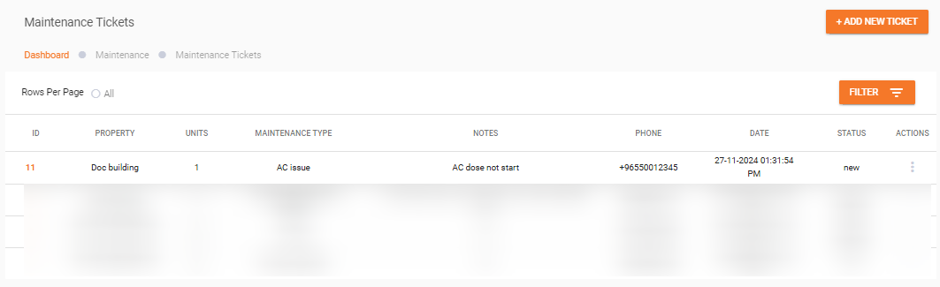 Maintenance tickets list