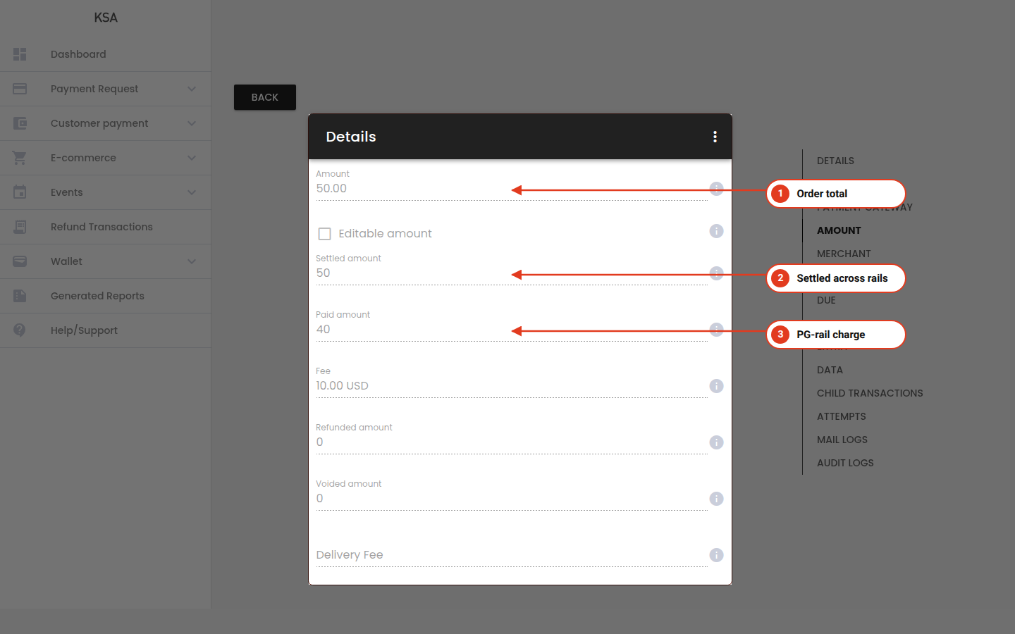 Parent transaction detail page highlighting the Amount, Settled amount, and Paid amount fields